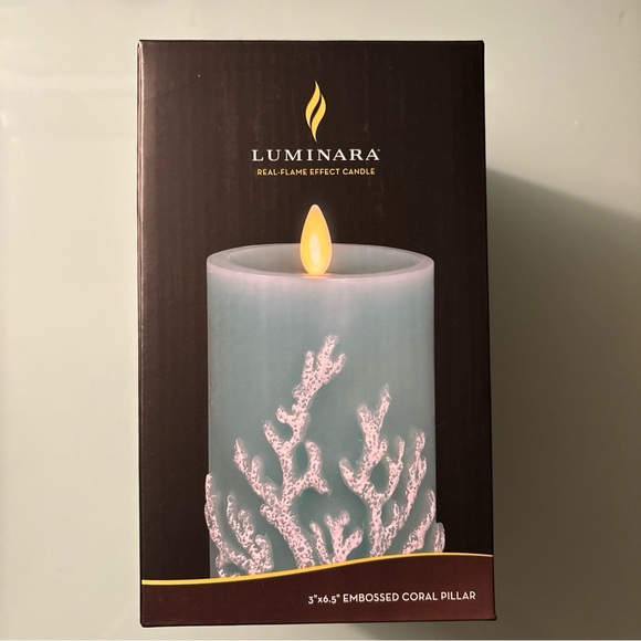 Luminara Embossed Coral Pillar Flameless Indoor LED Candle, 3"x6.5", Chambray - Picture 2 of 3